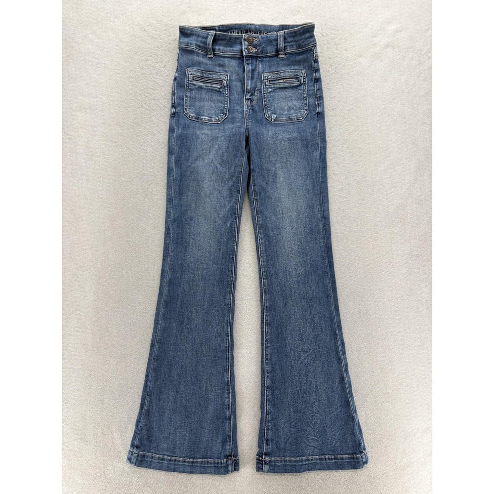 American Eagle Super Hi Rise Flare Jeans Womens 2 Long Blue Next Level Stretch
